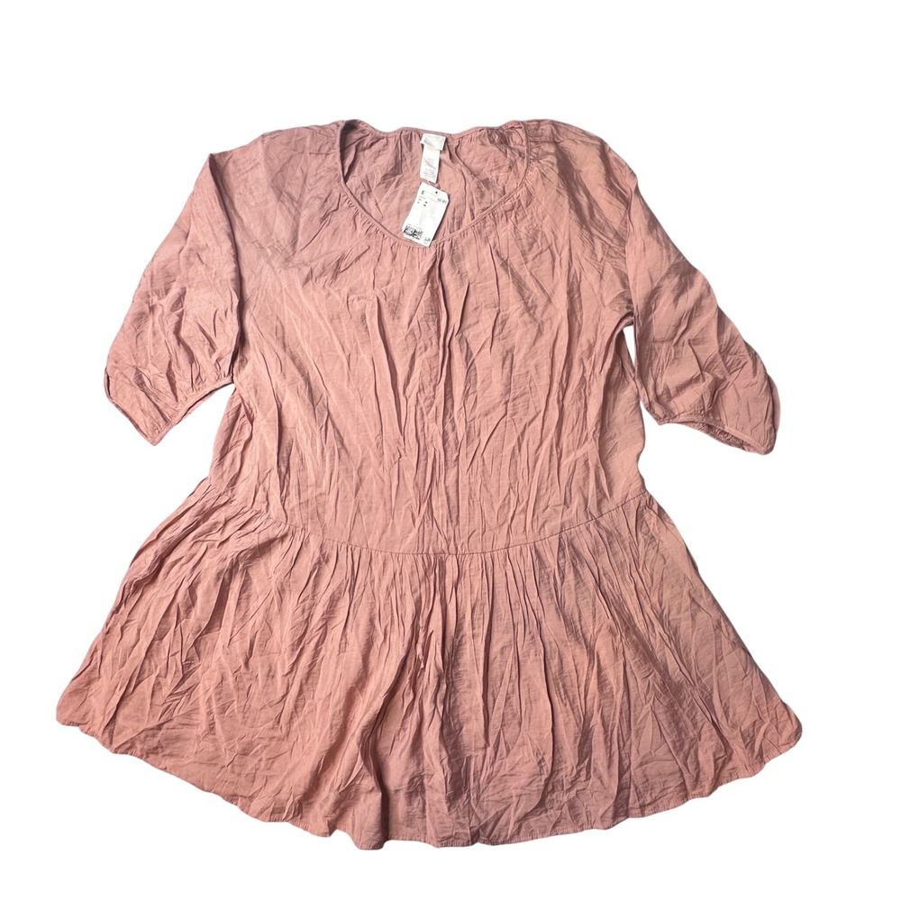 H&M Tunic Top Women M Pink Peplum Tiered Scoop Neck 3/4 Sleeve Textured 0998905